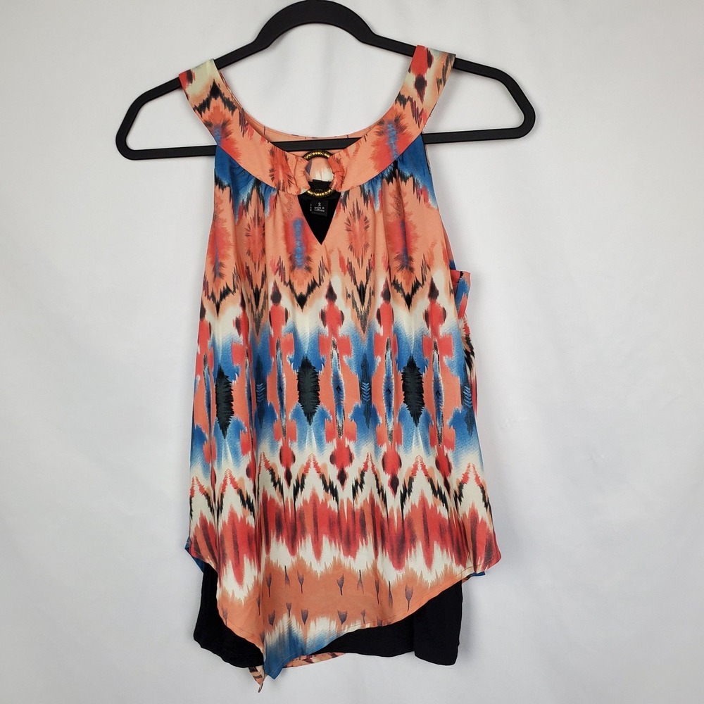 AB Studio Womens Pink Lined Abstract Sleeveless Blouse Sz S Asymmetrical‎ Hem